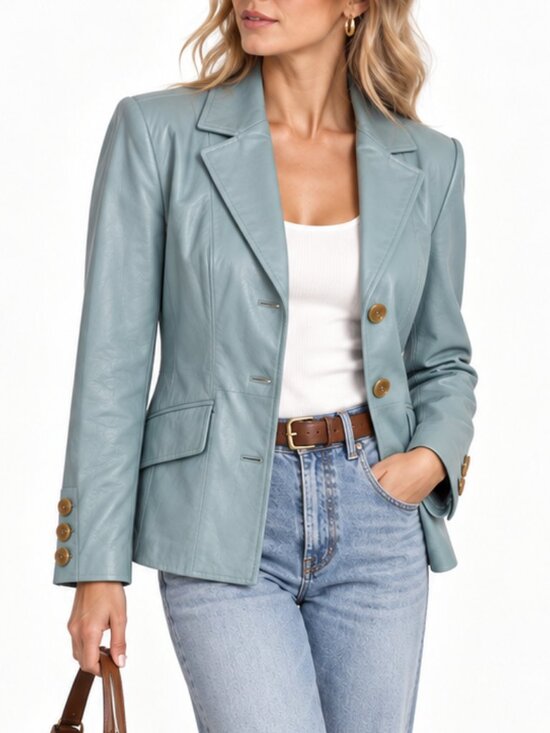 Vintage Jackets & Blazers - Vintage Terry Lewis Powder Seafoam Blue 100% Leather Blazer Tailored Jacket PXS